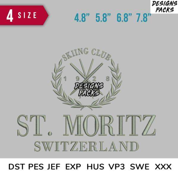 St. Moritz Switzerland skiing club embroidery design in 4 sizes, DST PES JEF formats
