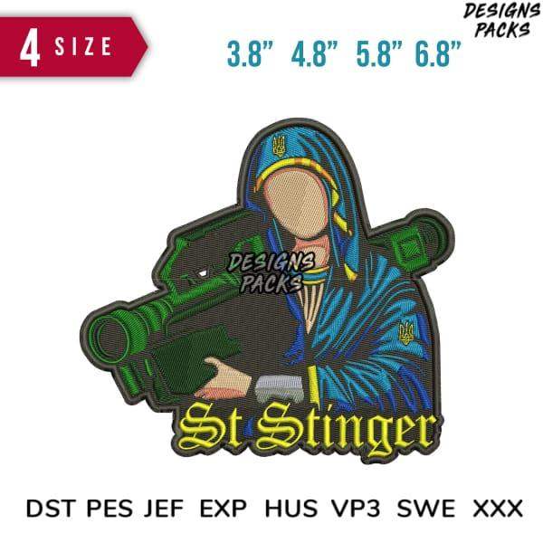 St Stinger embroidery design in 4 sizes, print-ready PES DST formats for apparel