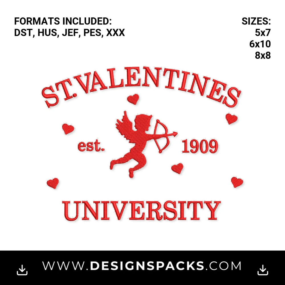 St Valentines University Cupid Embroidery Design - Instant digital download pattern at Designspacks.com