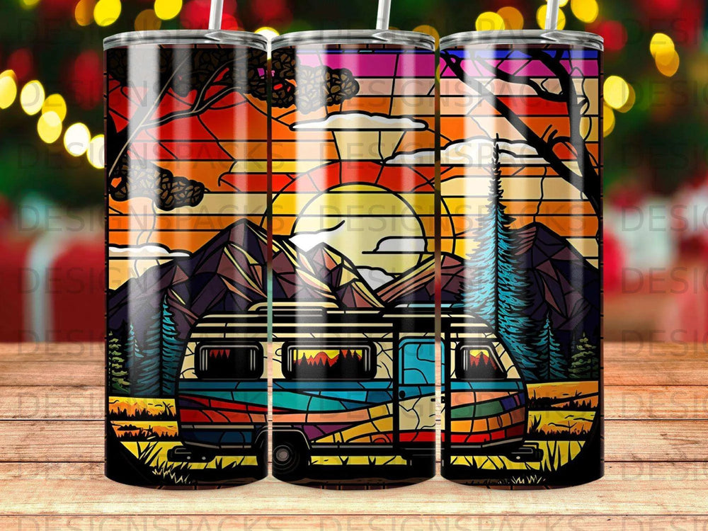 Stained Glass Camper Sunset Tumbler Digital Wrap Design