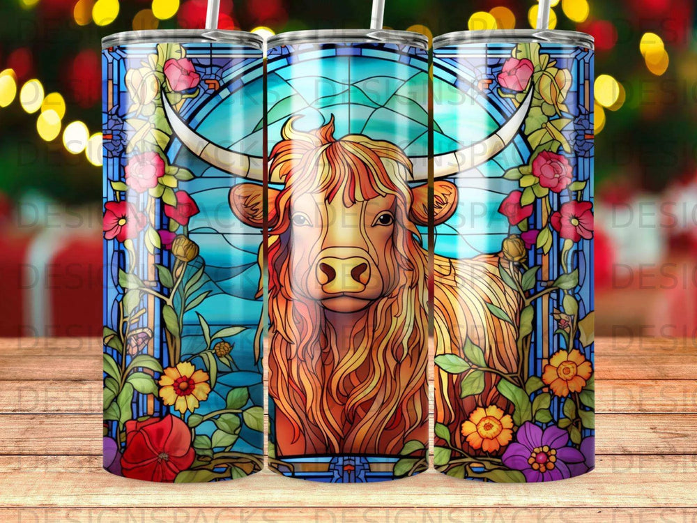 Stained Glass Highland Cow Tumbler Digital Wrap Design