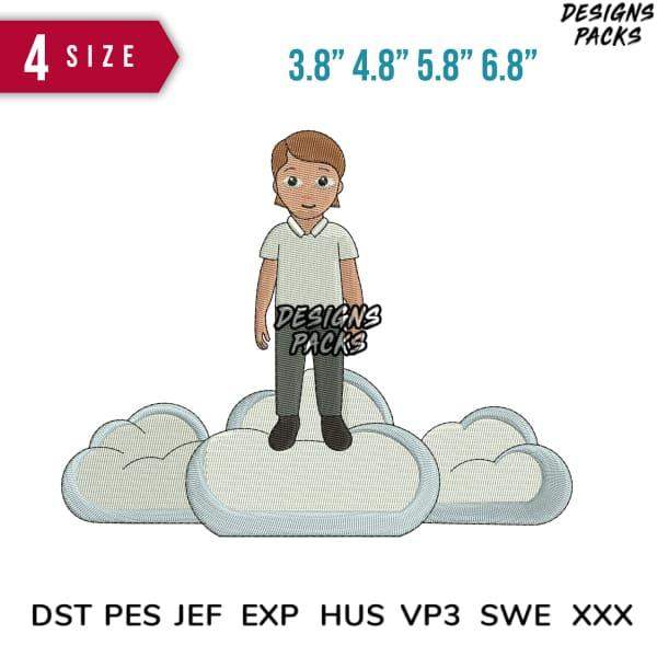 Boy standing on clouds embroidery design in 4 sizes, compatible with DST PES JEF EXP HUS VP3 SWE XXX formats
