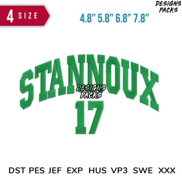 Green arched 'STANNOUX 17' sports design in 4 sizes, embroidery formats DST PES JEF for instant download