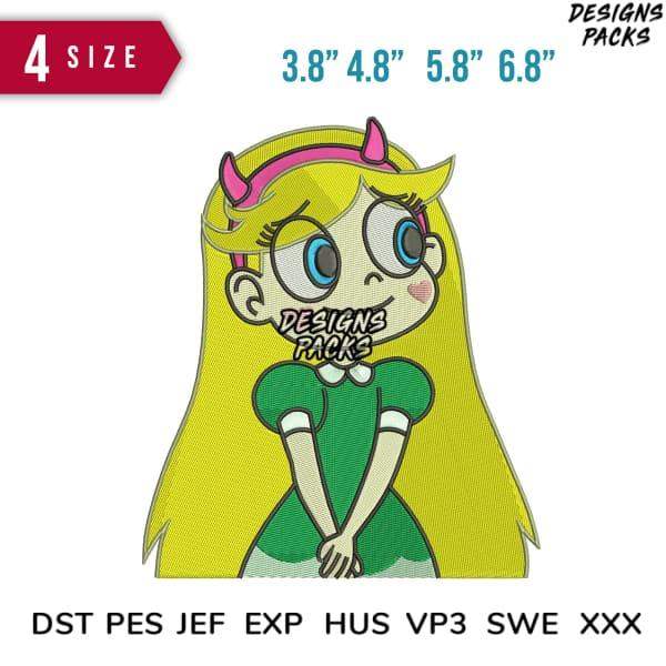 Cute anime girl embroidery design in 4 sizes, compatible with DST PES JEF formats for machine stitching.