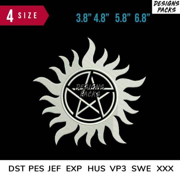 Embroidery design with pentagram and sunburst, available in 4 sizes and multiple formats like PES, DST, EXP.