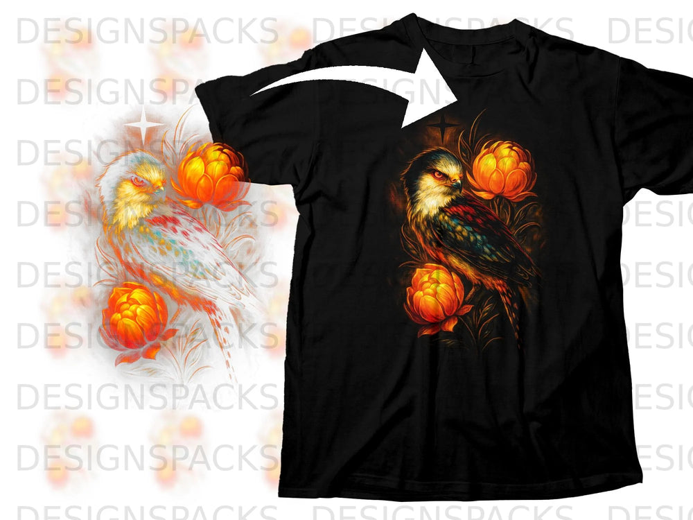 Black t-shirt with a detailed print of a bird and orange flowers.