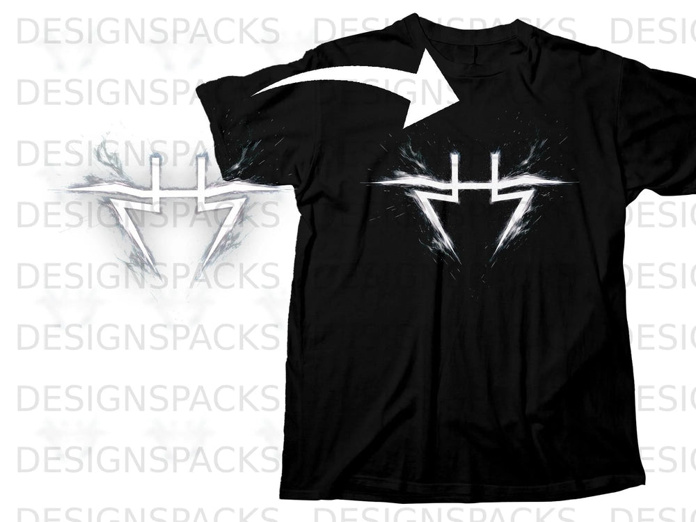 Black t-shirt with a white abstract geometric design and splatter effect.
