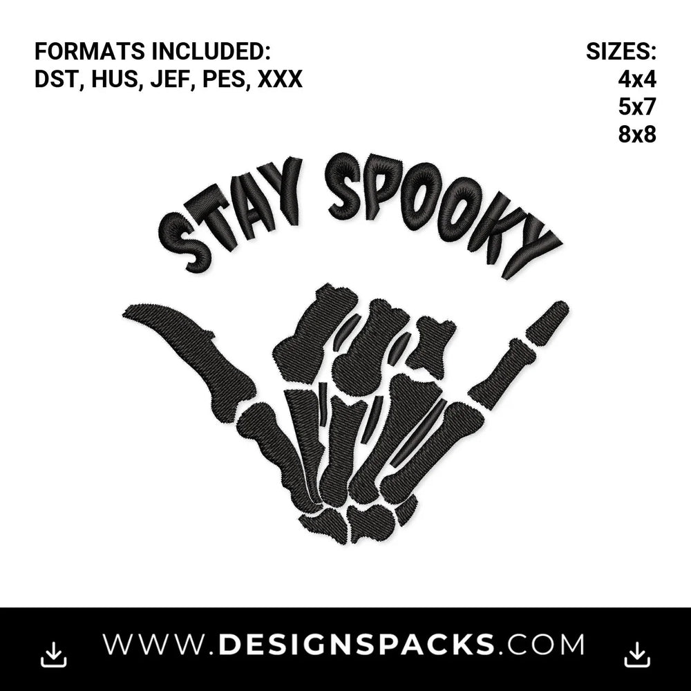 Stay Spooky Skeleton Shaka Hand Embroidery Design - Instant digital download pattern at Designspacks.com