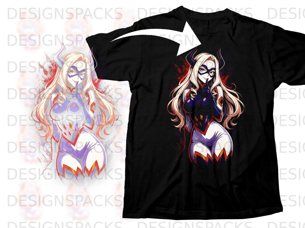 Anime character with blonde hair, horns, and a mask on a black t-shirt.
