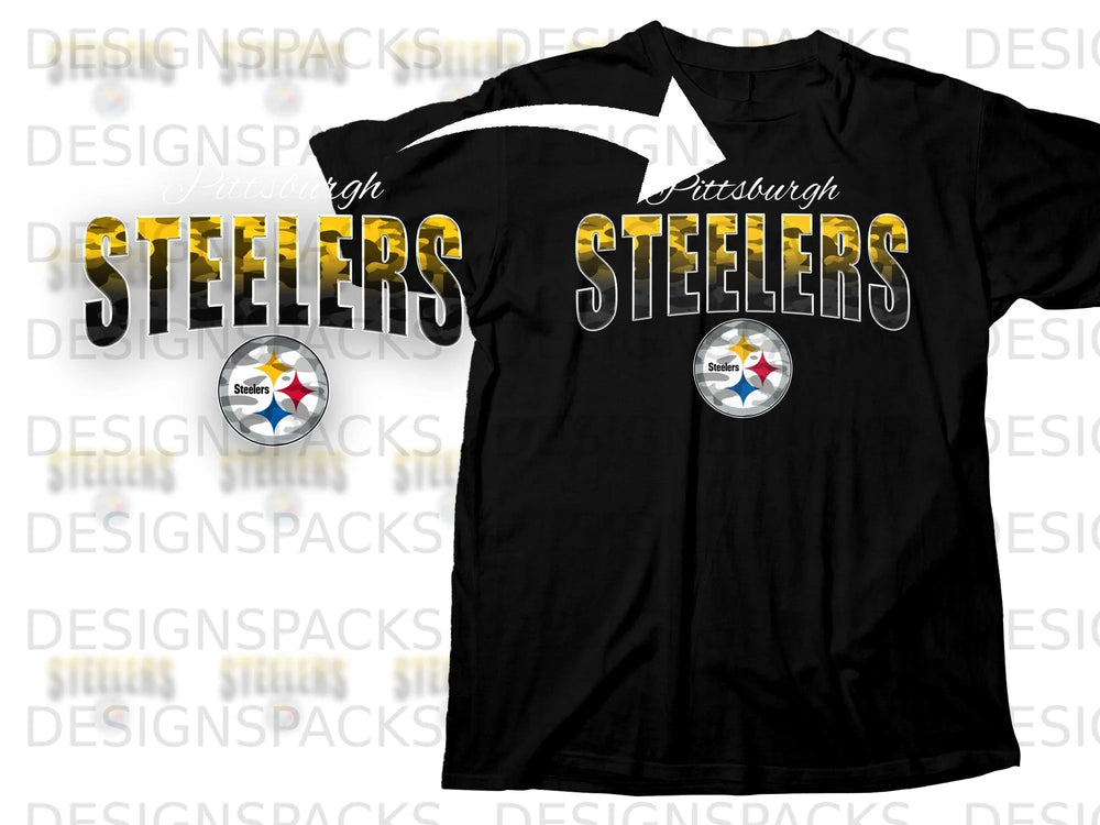 Black t-shirt with Pittsburgh Steelers logo and camouflage text.
