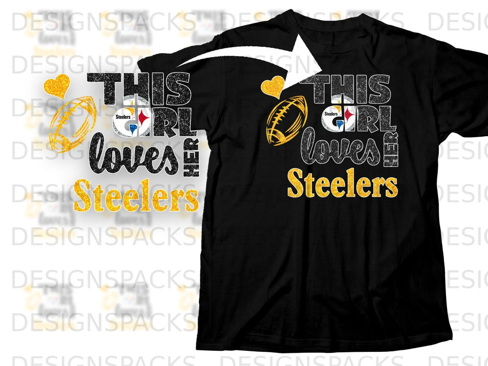 Black t-shirt with "This girl loves Steelers" and Pittsburgh Steelers logo graphic.