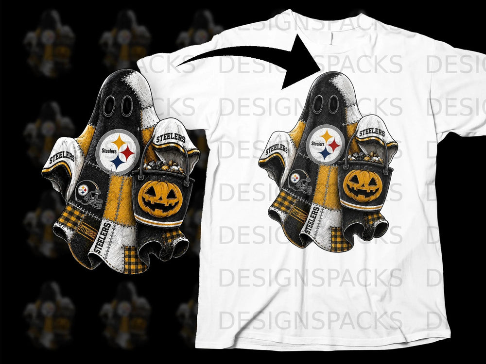Pittsburgh Steelers ghost graphic with pumpkin bucket on a white t-shirt.