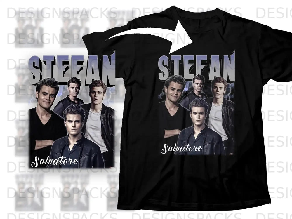 Black t-shirt featuring actors as Stefan Salvatore.