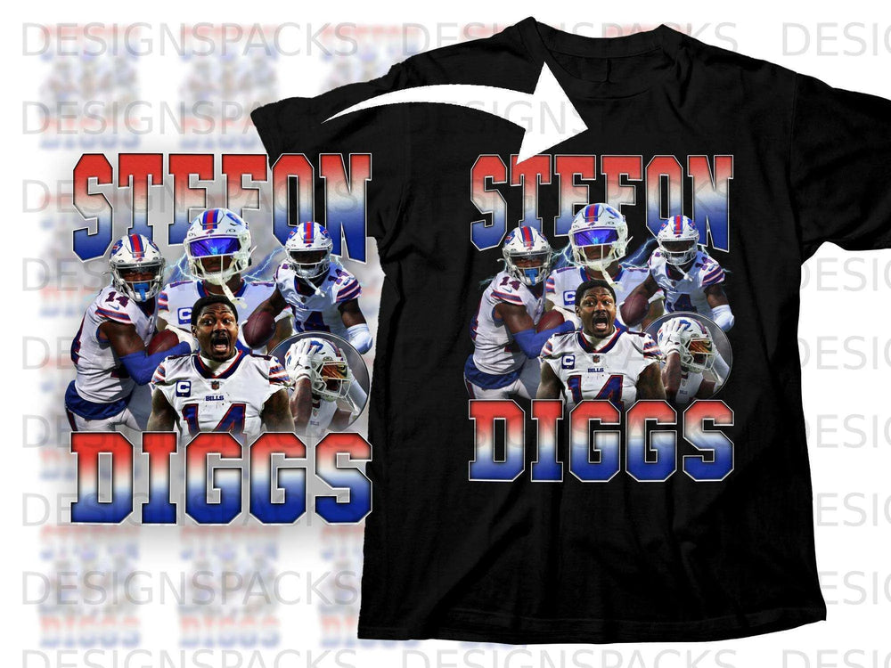 Stefon Diggs graphic on black t-shirt with Bills logo and player images.