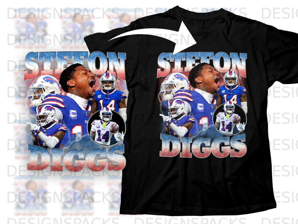 Black t-shirt with Stefon Diggs 14 Bills graphic and text.