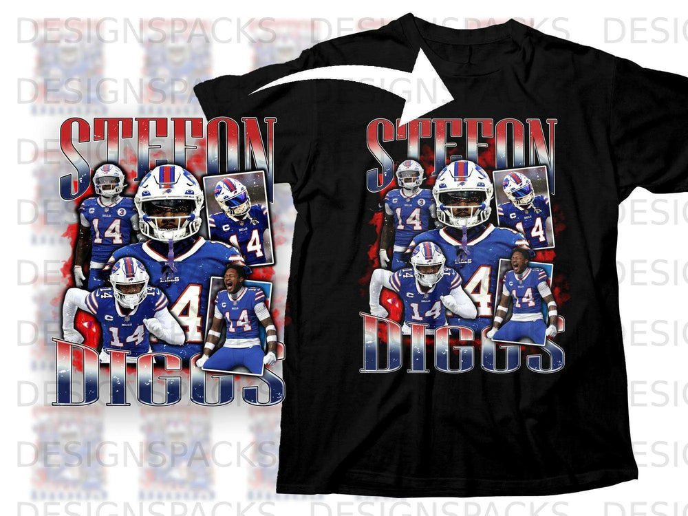 Stefon Diggs illustration with Bills logo and jersey number 14 on a black t-shirt.