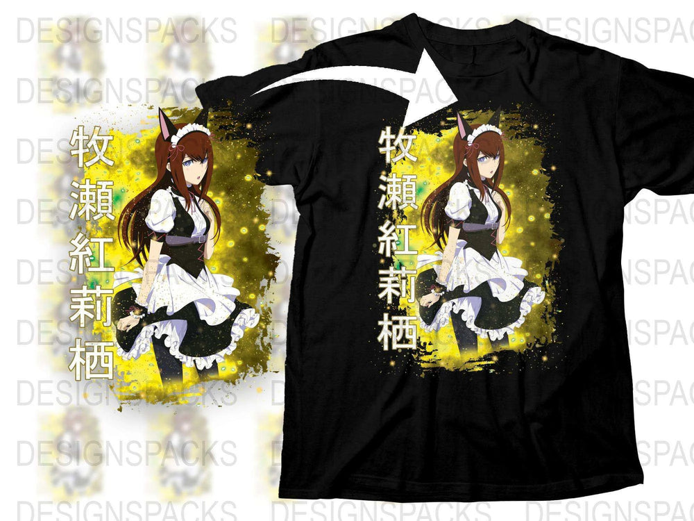 Anime Maid Character T-Shirt, Japanese Text Graphic Tee, Black and Yellow Color Splash, Casual Cosplay Apparel