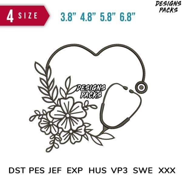 Heart-shaped stethoscope with floral embroidery design, available in 4 sizes & multiple file formats