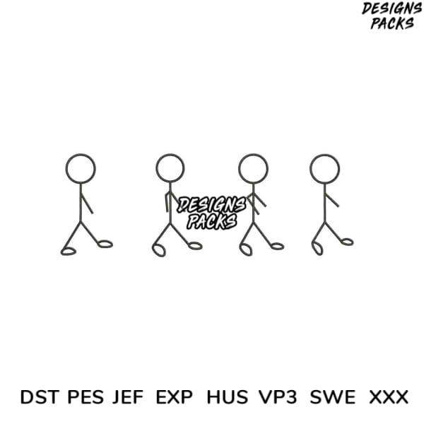 Stick figures walking with 'Designs Packs' text, showcasing embroidery file formats like DST, PES, JEF for instant download