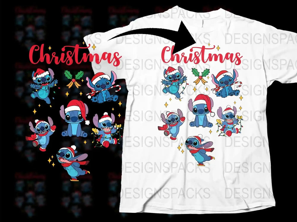 Christmas Stitch T-Shirt, Cute Lilo and Stitch Holiday Tee, Festive Cartoon Characters Apparel