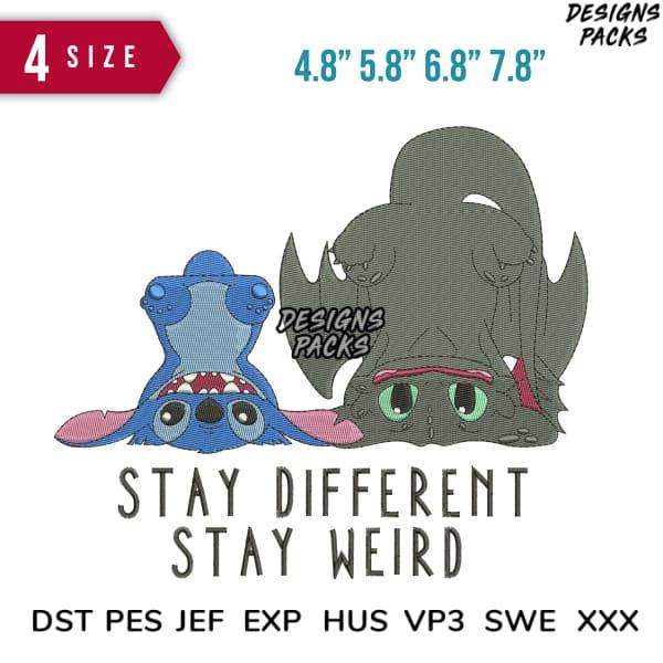 Stitch & Toothless embroidery design bundle, 4 sizes, PES DST formats, 'Stay Different Stay Weird' text