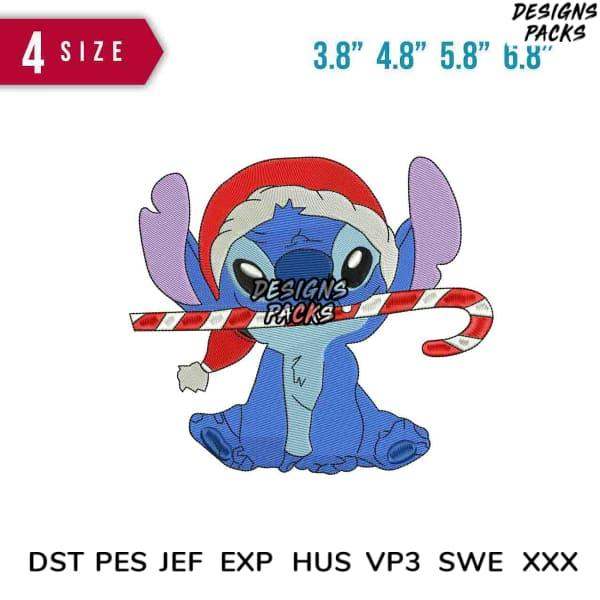 Stitch in Santa hat holding candy cane, embroidery design in 4 sizes, DST PES JEF formats