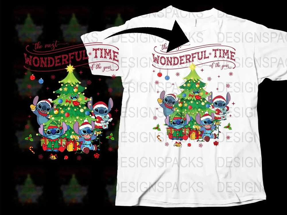 Christmas T-Shirt Cute Aliens Decorating Tree Festive Holiday Graphic Tee Unisex Adult Kids Wear Comfortable