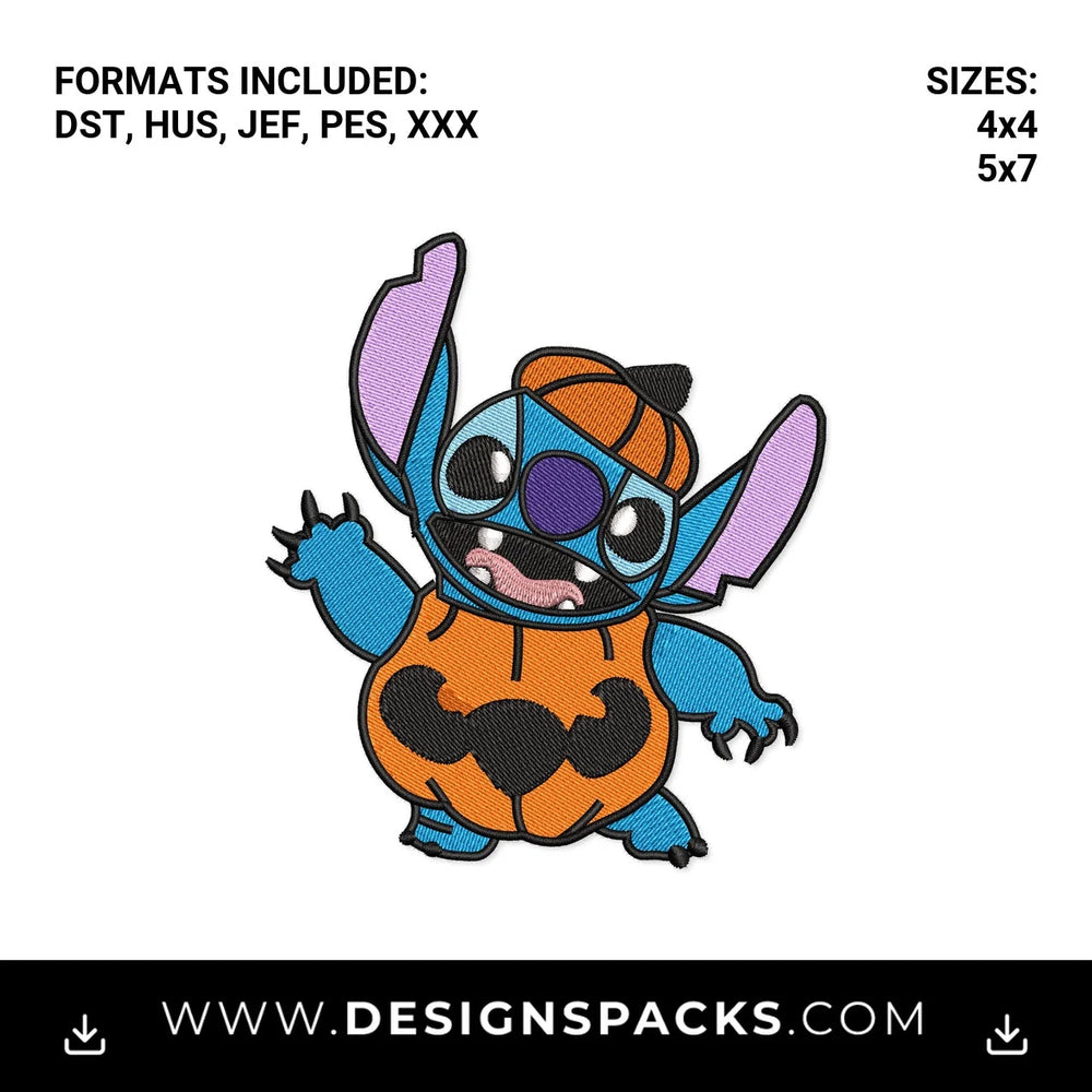 Stitch Halloween Pumpkin Costume Embroidery Design - Instant digital download pattern at Designspacks.com
