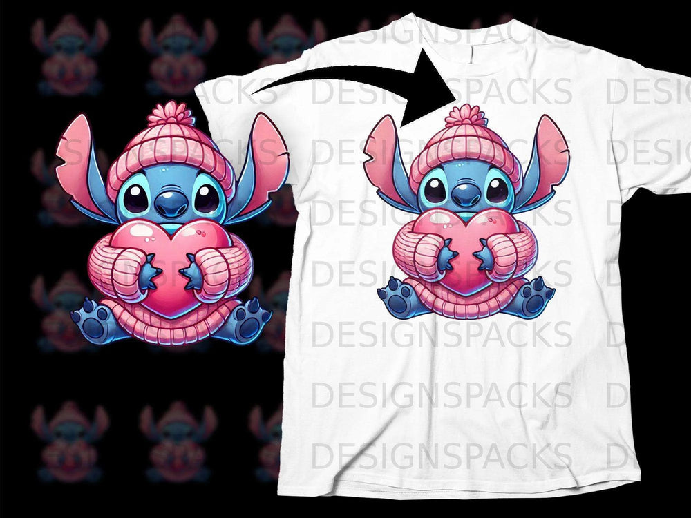 Cute Blue Creature with Pink Heart Graphic T-Shirt