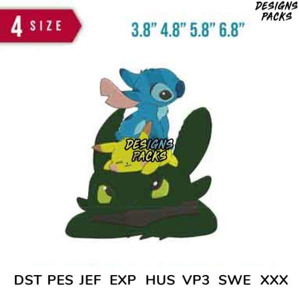 Stitch and Toothless embroidery design in 4 sizes, print-ready formats for DTG/DTF and tumbler wraps