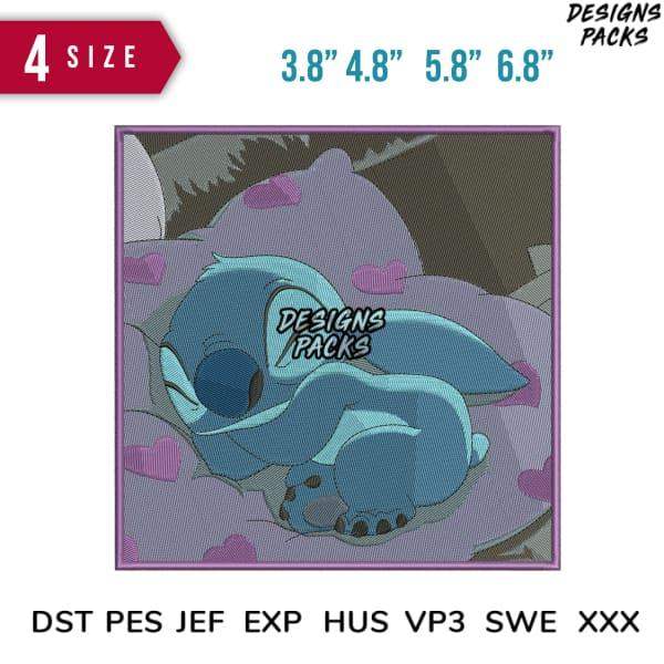 Stitch sleeping on hearts, embroidery design in DST PES JEF formats, 4 sizes for DTG/DTF printing