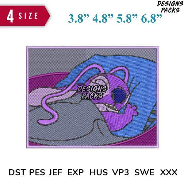 Purple Stitch sleeping on blue pillow, embroidery design in 4 sizes, DST PES JEF formats