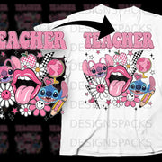 Pink "Teacher" text with Stitch, lips, flowers, apple, and globe.
