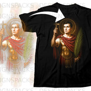 Saint holding cross and palm frond on black t-shirt.