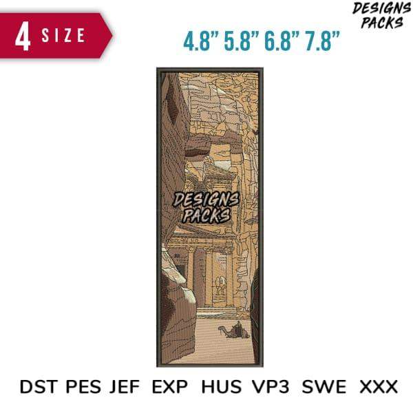Ancient temple embroidery design in 4 sizes, compatible with DST PES JEF formats for instant download