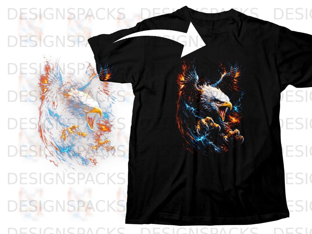 Black t-shirt with a graphic of a roaring bald eagle with fiery wings.