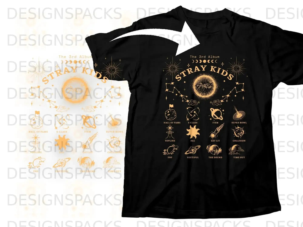 Black t-shirt featuring Stray Kids' "The 3rd Album" graphic with song titles.