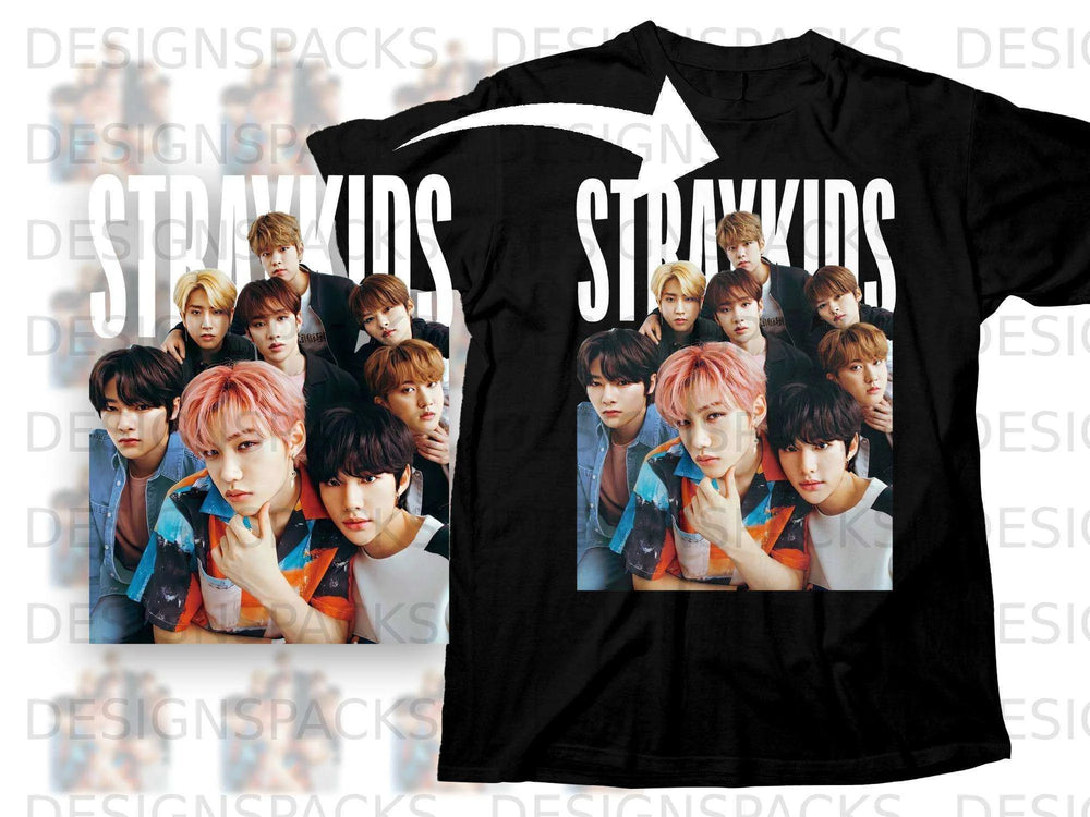 Stray Kids band members in a collage on a black t-shirt.