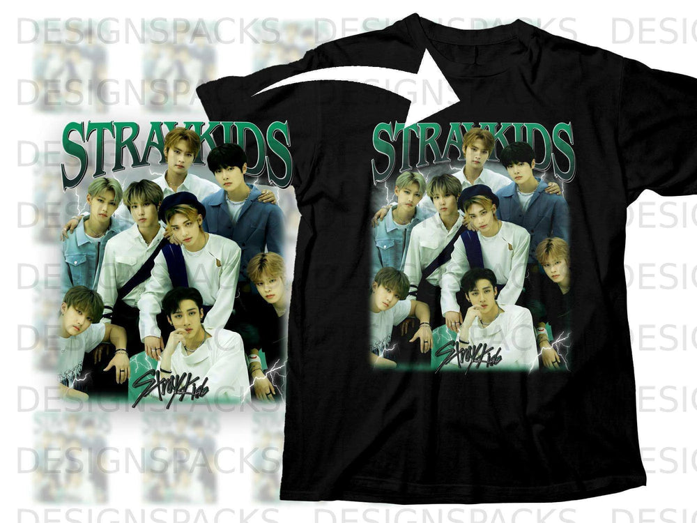 Stray Kids members posing in a group photo on a black t-shirt.