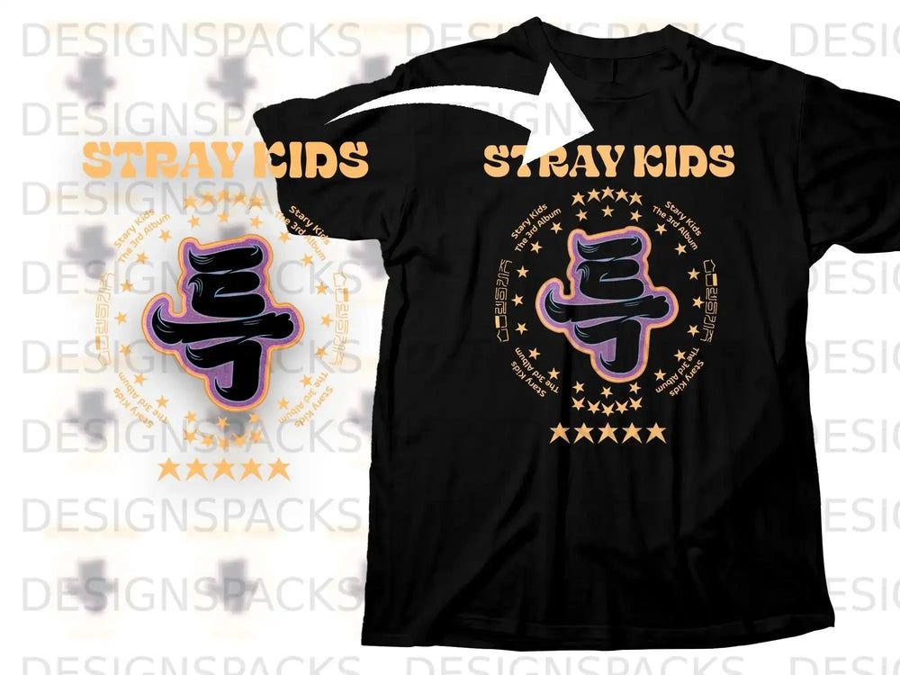 Black t-shirt with "Stray Kids" text and circular logo.