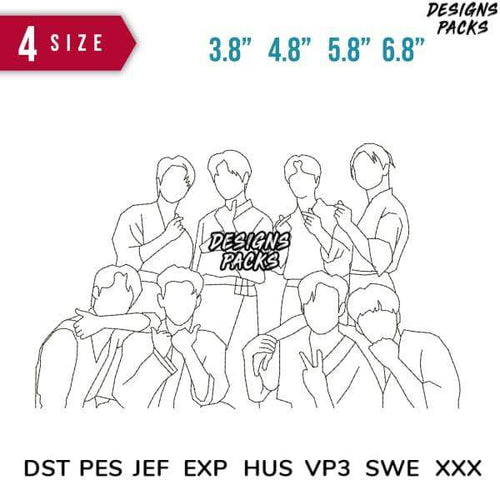 K-pop group line art design in 4 sizes, embroidery formats DST PES JEF EXP for instant download