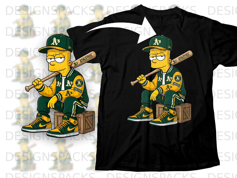 Bart Simpson in Oakland Athletics gear sitting with a baseball bat.