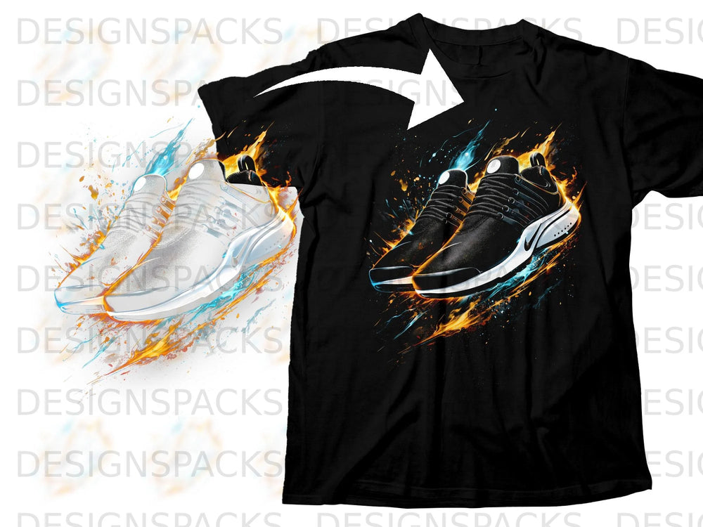 Black t-shirt with graphic of black and white athletic shoes engulfed in flames.