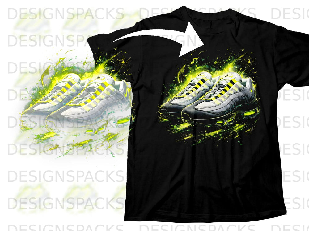 Black t-shirt with a graphic of athletic shoes amidst yellow and green splatter.