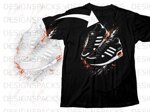 Black t-shirt featuring a graphic of black and white Adidas sneakers with orange accents.