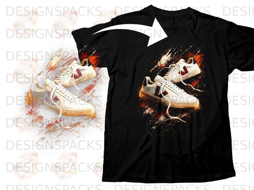 Black t-shirt featuring a graphic of white sneakers with red accents and colorful paint splatters.