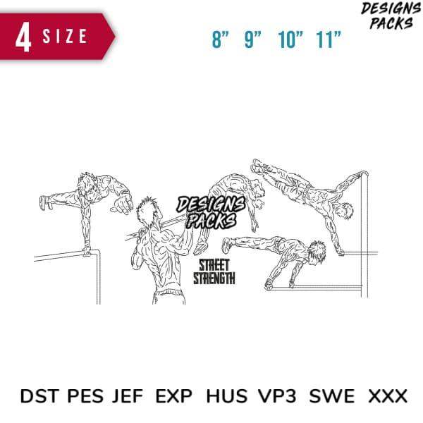 Street strength workout design bundle in 4 sizes, embroidery formats DST PES JEF EXP for instant download