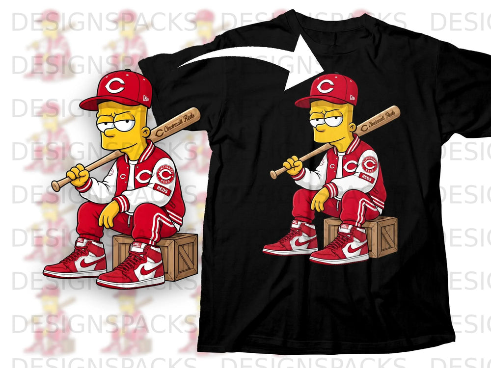 Bart Simpson wearing Cincinnati Reds apparel and holding a baseball bat.