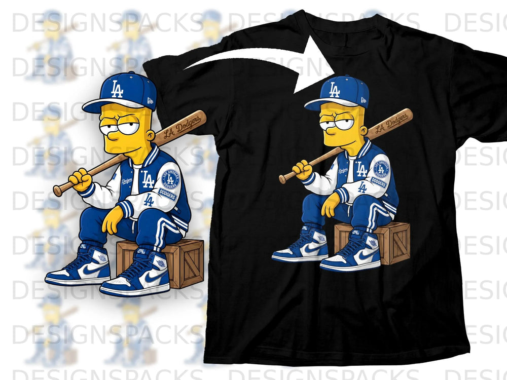 Bart Simpson in Dodgers attire holding a baseball bat and sitting on a crate.