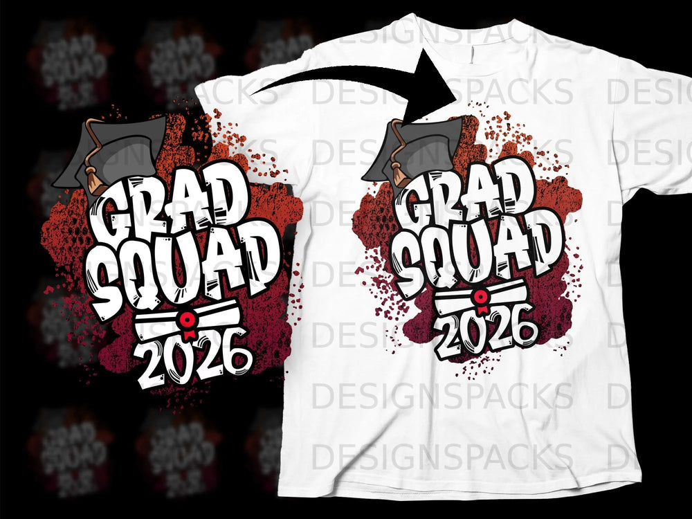 Grad Squad 2026 text with graduation cap on a white t-shirt.